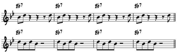 Example of trading fours on the B flat 7 chord using scale degrees 1 and 3