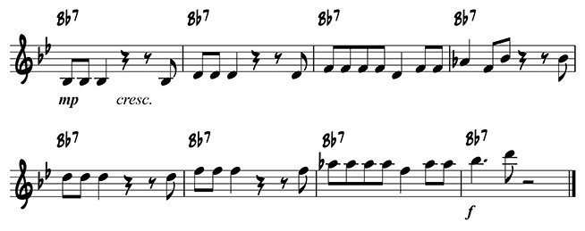 Example of an eight-measure solo that uses increased pitch range and dynamics to build intensity